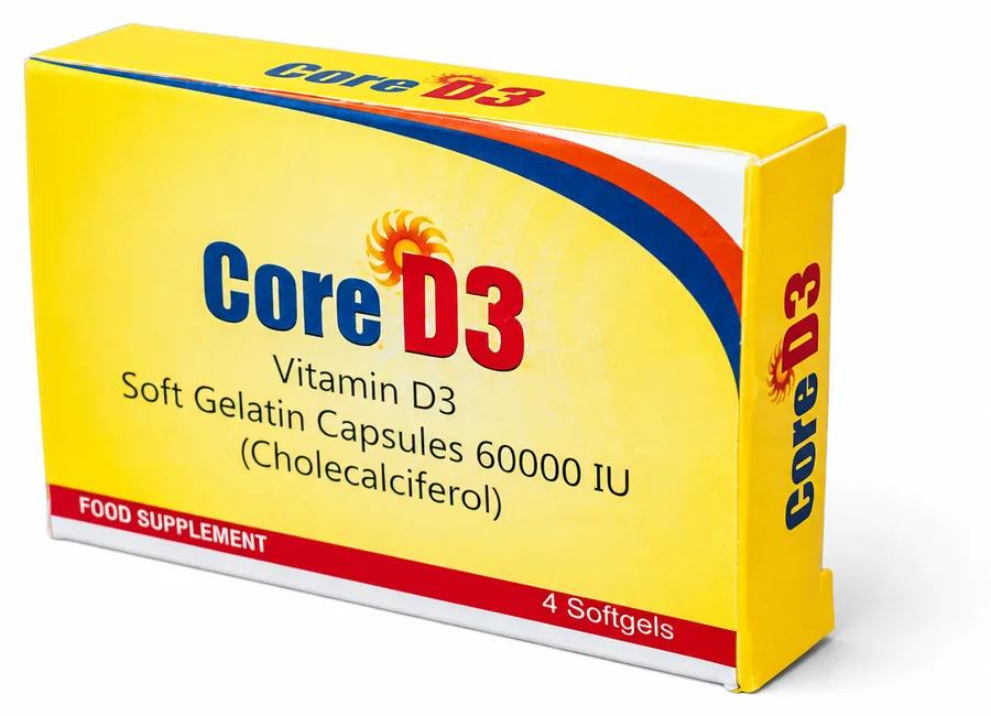 Core D3 Vitamin D3 Soft Gelatin Capsules 60,000 IU (Cholecalciferol) carton, front panel